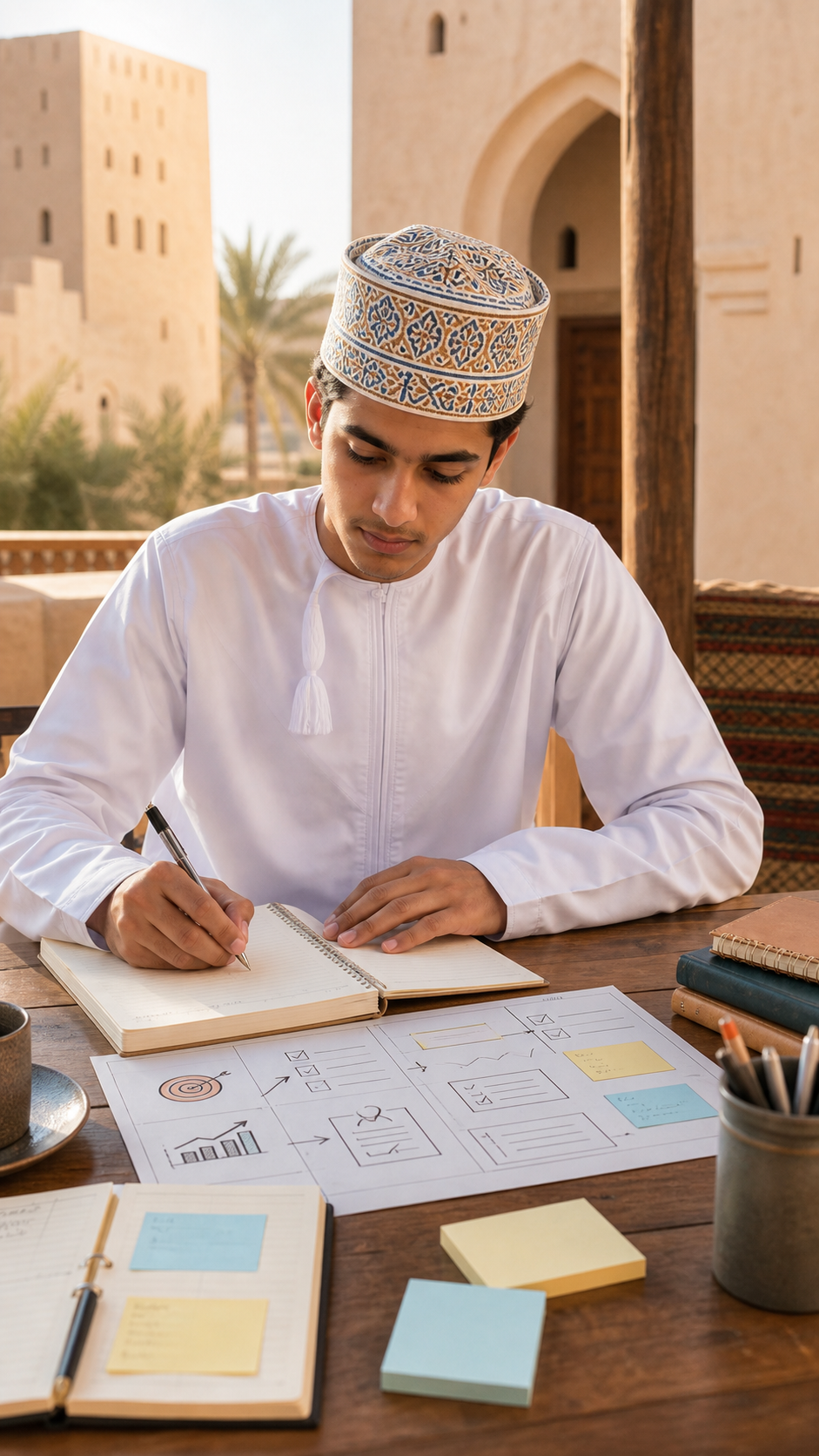 طالب عماني يكتب خطة عملية في ورشة تعليمية